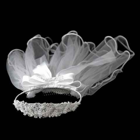 Childrens White Pearl & Rhinestone accent Bridal Wedding Headband & Bridal Wedding Veil HPC 472