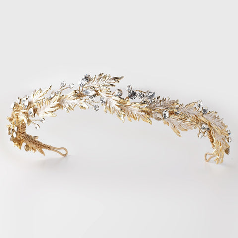 Gold Roman Bridal Wedding Headband w/ Golden Leaves & Rhinestones