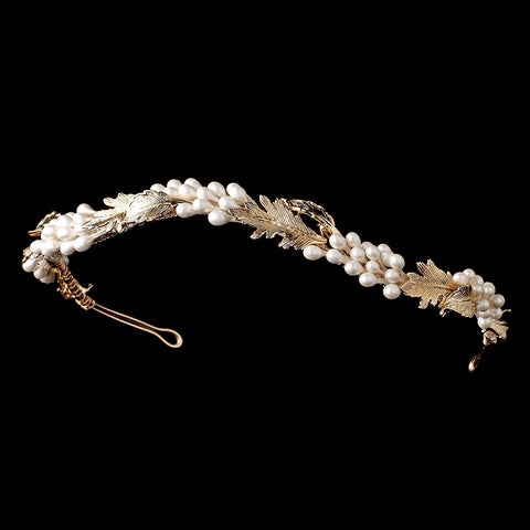 Gold Floral Roman Bridal Wedding Headband w/ Golden Leaves & Pearls 104