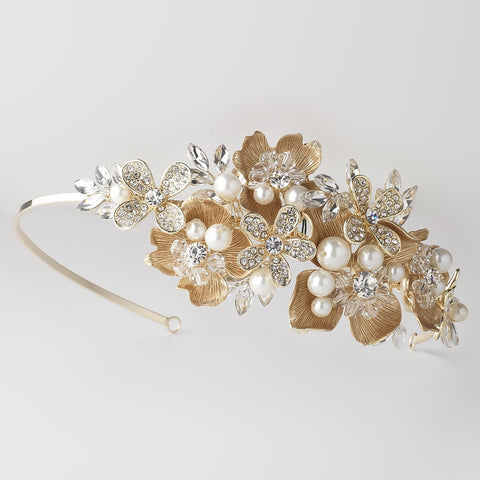 Gold Bridal Wedding Side Headband w/ Golden Petals, Pearls, Swarovski Crystal Beads & Rhinestones