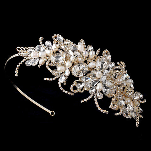 Light Gold Side Accented Bridal Wedding Headband w/ Freshwater Pearls, Rhinestones & Gemstones