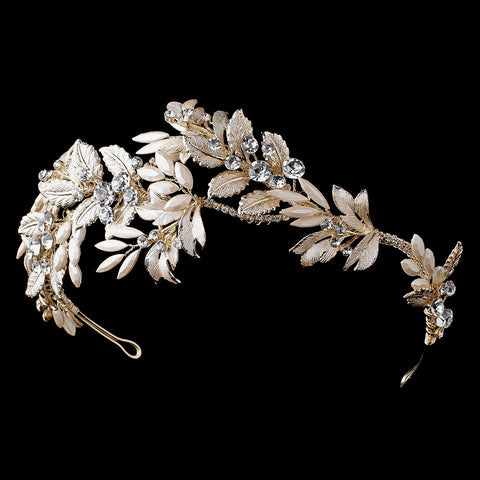 Light Gold Floral Side Roman Bridal Wedding Headband w/ Golden Leaves & Rhinestones
