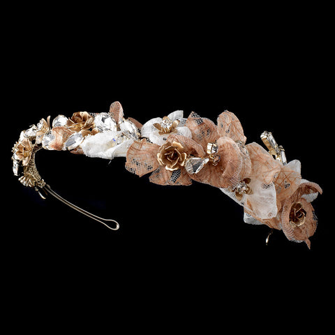 Light Brown Mocha White Tulle Floral Light Golden Brown Accented Bridal Wedding Side Headband w/ Gemstones & Paper Tulle Petals