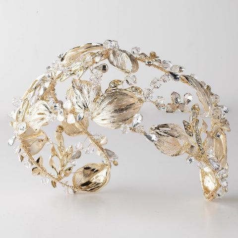 Light Gold Swarovski Crystal Bead & Rhinestone Leaf Bridal Wedding Headband 1564