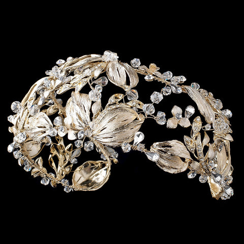 Light Gold Swarovski Crystal Bead & Rhinestone Leaf Bridal Wedding Headband 1564