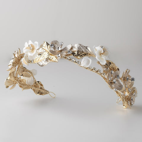 Gold Ivory Champagne Floral Double Roman Bridal Wedding Headband w/ Fabric Petals, Golden Leaves & Rhinestones