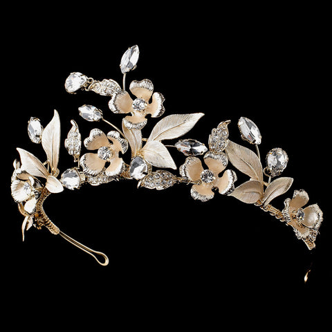 Light Gold Floral Bridal Wedding Tiara w/ Golden Leaves, Rhinestones & Gemstones