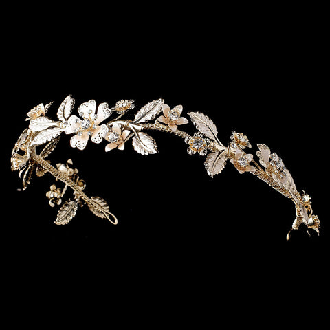 Clear Rhinestone Floral Bridal Wedding Headband w/ Light Golden Leaves