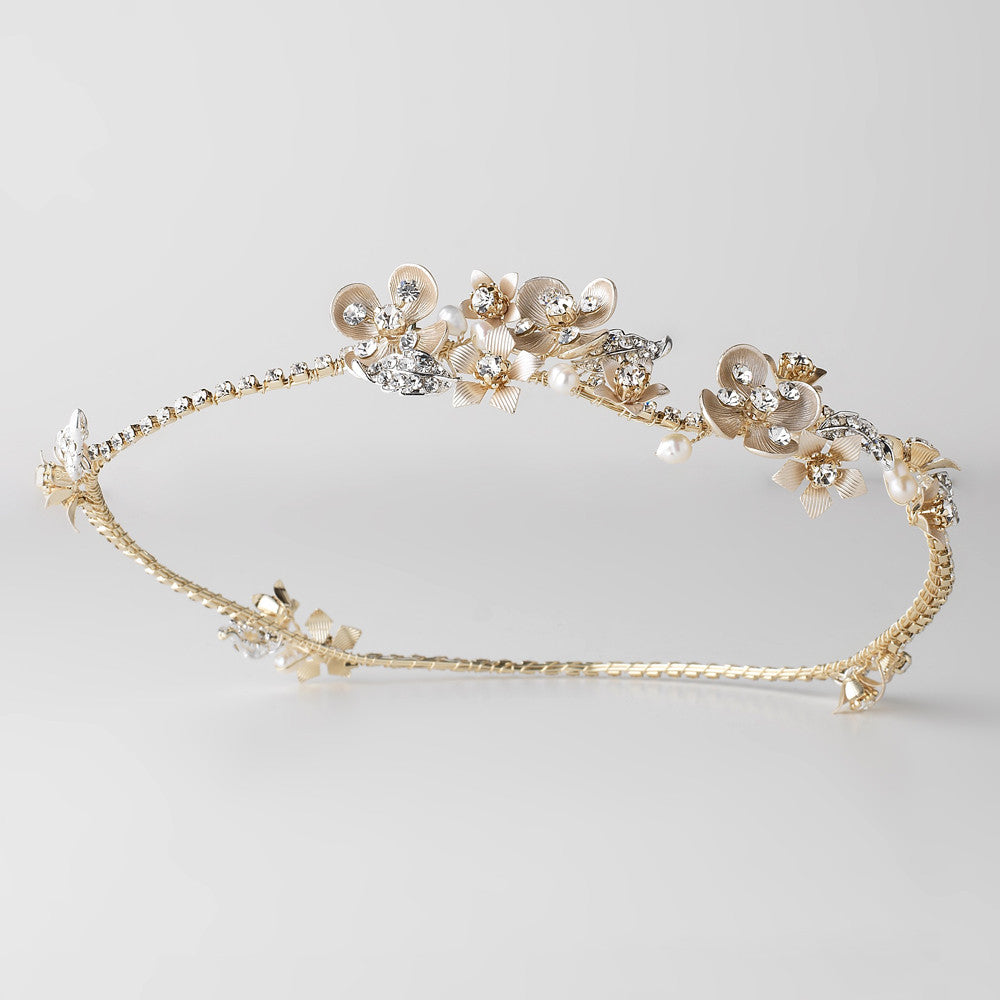 Light Gold Halo Roman Wreath Floral Bridal Wedding Headband w/ Golden Petals, Silver Leaves, Freshwater Pearls & Rhinestones