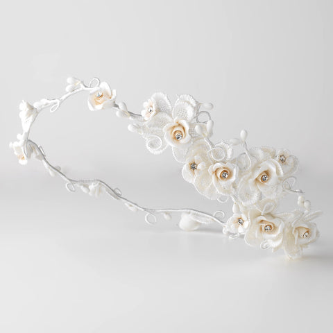 White Lace Halo Roman Wreath Floral Bridal Wedding Headband w/ Champagne Tinted Flowers & Rhinestones
