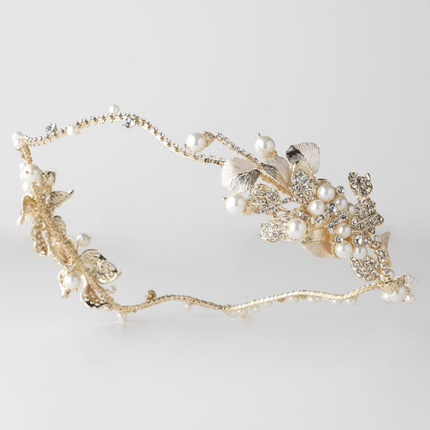 Light Gold Floral Halo Roman Wreath Bridal Wedding Headband w/ Golden Leaves, Ivory Pearls & Rhinestones