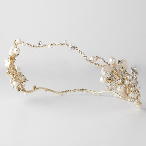 Light Gold Floral Halo Roman Wreath Bridal Wedding Headband w/ Golden Leaves, Ivory Pearls & Rhinestones