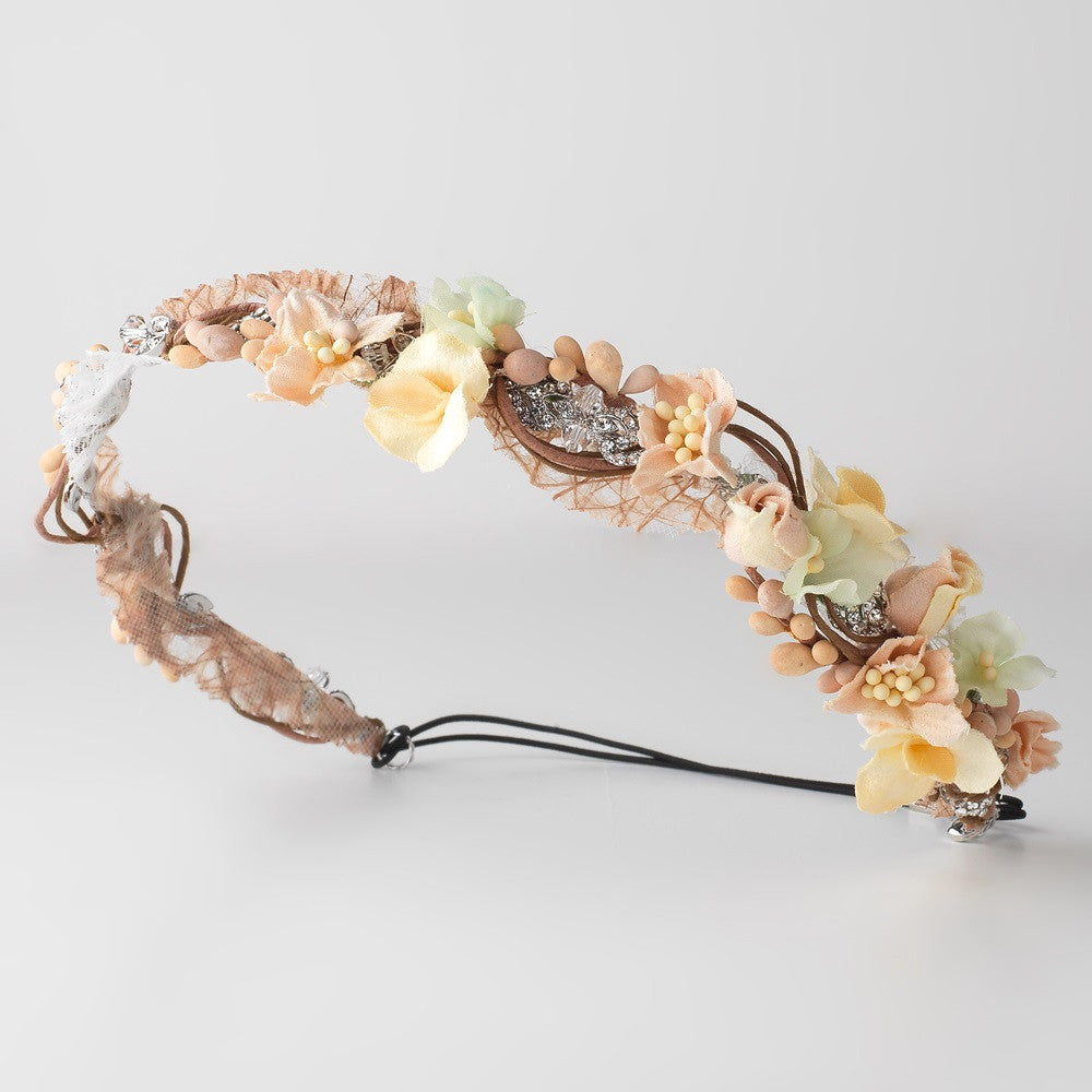 Peach Yellow Floral Soft Fabric Bridal Wedding Headband w/ Swarovski Crystal Beads & Rhinestones