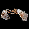 Rum Pink Light Ivory Sheer Organza Floral Bridal Wedding Headband w/ Golden Leaves, Swarovski Crystal Beads, Rhinestones & Freshwater Pearls
