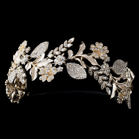Light Gold Clear Rhinestone Floral Leaf Bridal Wedding Headband