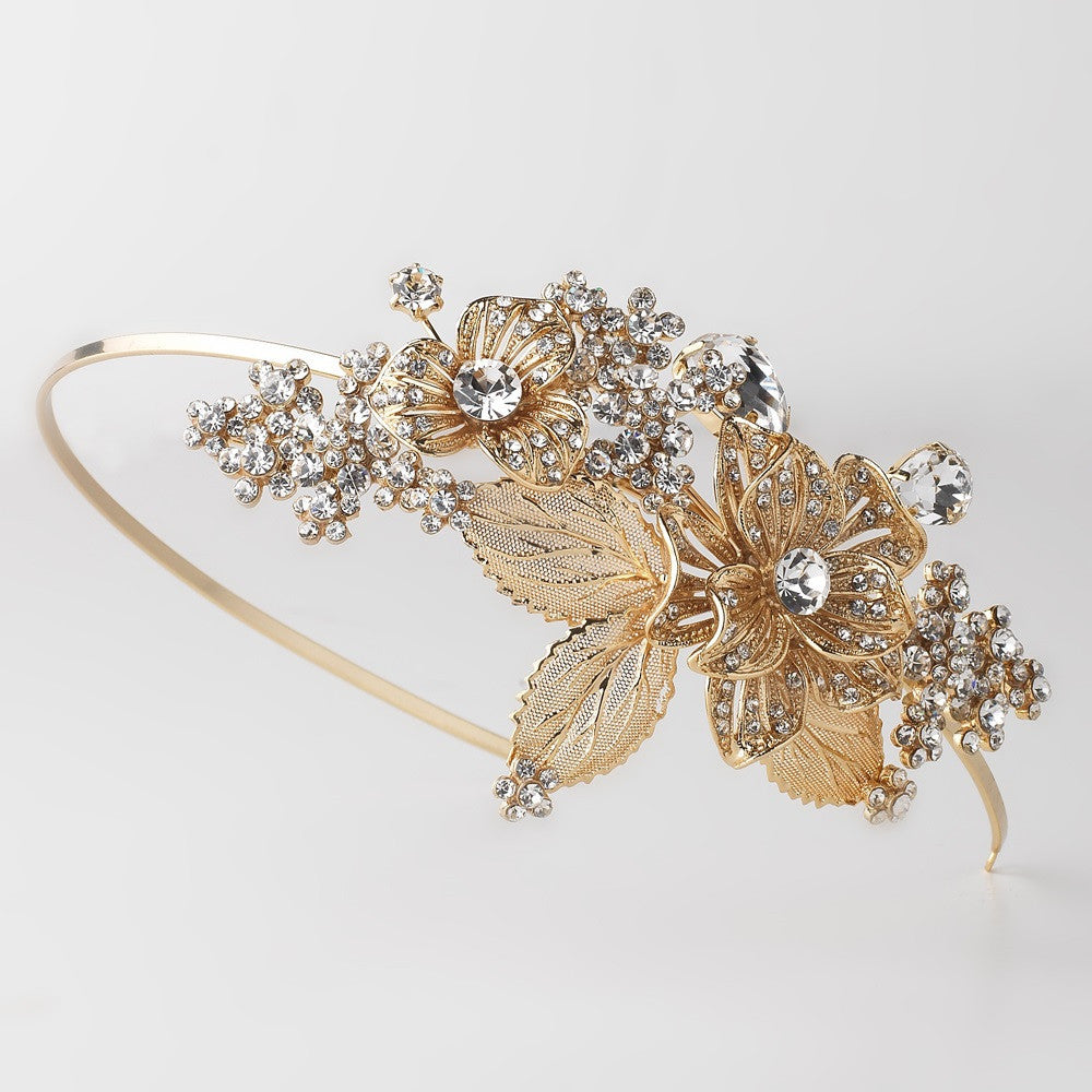 Light Gold Floral Side Accented Bridal Wedding Headband w/ Golden Leaves, Rhinestones & Gemstones