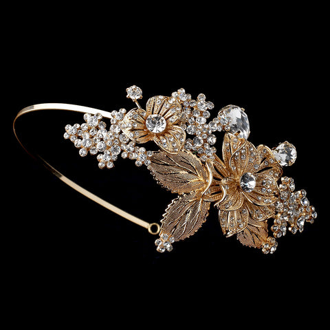 Light Gold Floral Side Accented Bridal Wedding Headband w/ Golden Leaves, Rhinestones & Gemstones