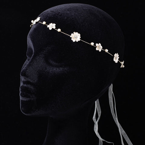 Light Gold Shimmer Ivory Ribbon Floral Greek Stefana Bridal Wedding Headband w/ Rhinestones & Pearls