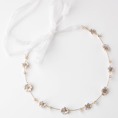 Light Gold Shimmer Ivory Ribbon Floral Greek Stefana Bridal Wedding Headband w/ Rhinestones & Pearls