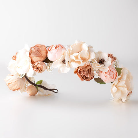 Rum Pink Rose Peach Soft Fabric Organza Flower Bridal Wedding Headband w/ Golden Rhinestone Leaves