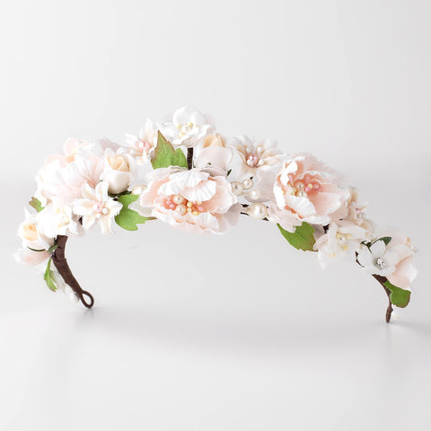 Light Pink Ivory Peach Soft Fabric Organza Flower Bridal Wedding Tiara w/ Pearls & Rhinestones