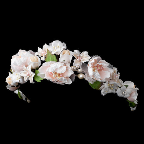 Light Pink Ivory Peach Soft Fabric Organza Flower Bridal Wedding Tiara w/ Pearls & Rhinestones