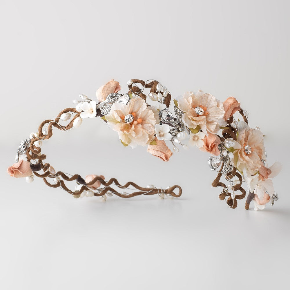 Rum Pink Fabric Organza Flower Swirly Twig Bridal Wedding Side Headband w/ Freshwater Pearls, Rhinestones & Gemstones