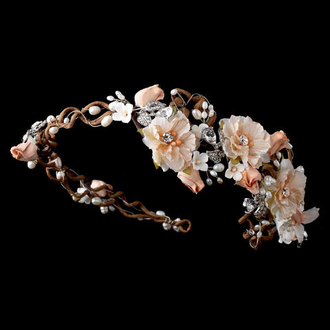 Rum Pink Fabric Organza Flower Swirly Twig Bridal Wedding Side Headband w/ Freshwater Pearls, Rhinestones & Gemstones