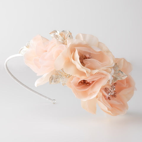 Light Pink Peach Sheer Organza Side Accented Flower Bridal Wedding Headband w/ Golden Leaves & Rhinestones