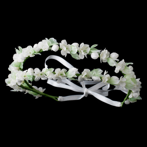 White & Green Organza Floral Double Ribbon Bridal Wedding Headband