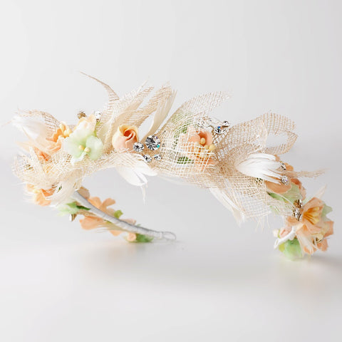 Ivory Peach Straw Mesh Organza Fabric Bridal Wedding Headband w/ Feathers & Rhinestones