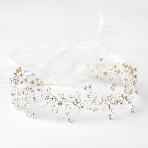 Silver Clear Swarovski Crystal Bead Vine Bridal Wedding Ivory Organza Ribbon Accent Headband 10001
