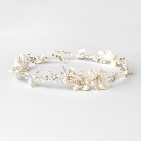 Silver Clear Rhinestone & Ivory Pearl Floral Bridal Wedding Headband Headpiece 10002