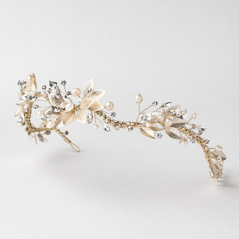 Light Gold Modern Floral Freshwater Pearl & Rhinestone Leaf Bridal Wedding Headband 1560