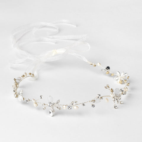 Silver Floral Vine Bridal Wedding Headband Organza Ribbon w/ Freshwater Pearls, Rhinestones & Opalescent Beads 1561