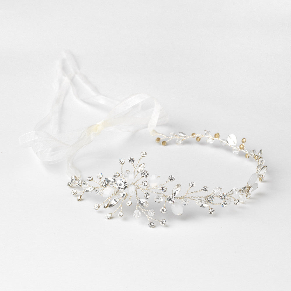 Silver Clear Side Accented Vine Bridal Wedding Organza Ribbon Accent Headband 1590