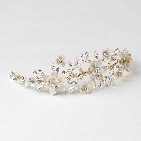Gold Ivory Enamel Floral Accent Rhinestone Headband 5069