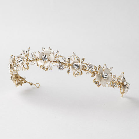 Gold Ivory Enamel Floral Accent Crystal & Rhinestone Tiara 5211