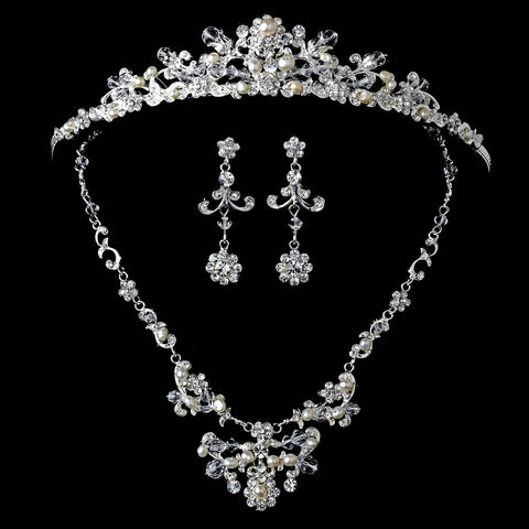 Silver Freshwater Pearl Jewelry 7500 & Bridal Wedding Tiara 7052 Set