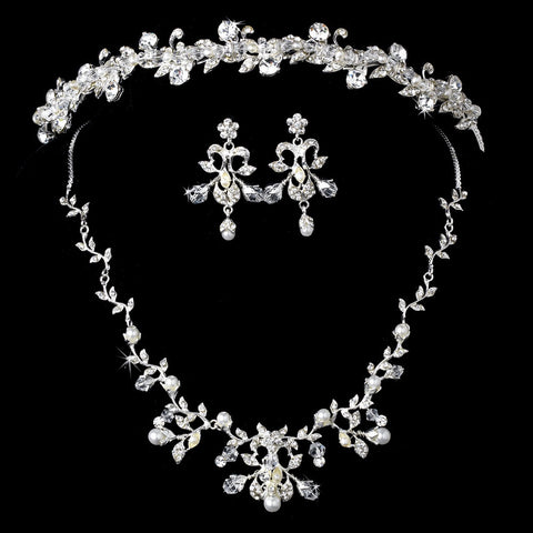 Silver Clear Bridal Wedding Jewelry 7208 & Bridal Wedding Headband 7112 Set