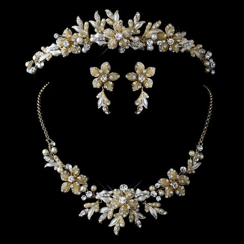 Gold Rum Pearl Flower Jewelry & Bridal Wedding Tiara Set 8100