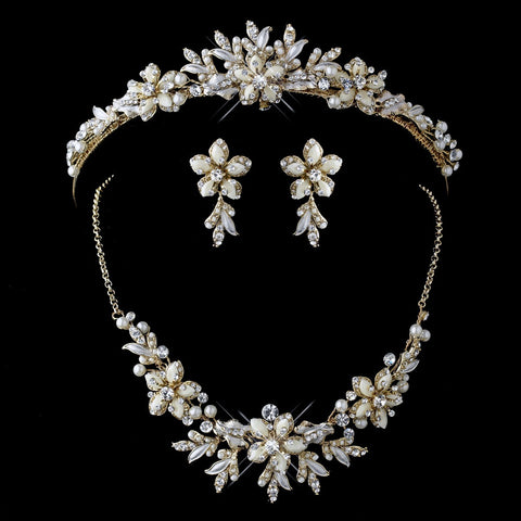 Gold Ivory Pearl Flower Jewelry & Bridal Wedding Tiara Set 8100