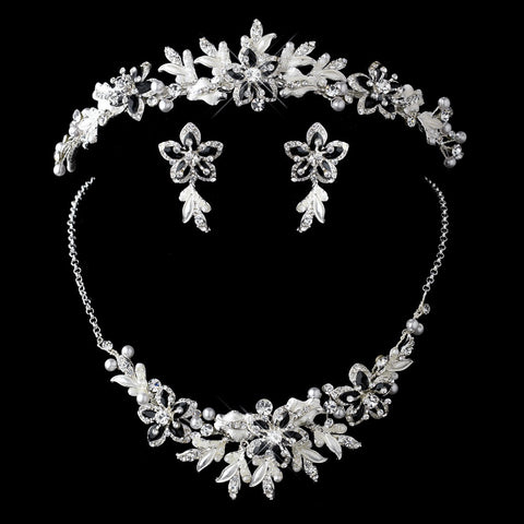 Silver Black Pearl Flower Jewelry & Bridal Wedding Tiara Set 8100