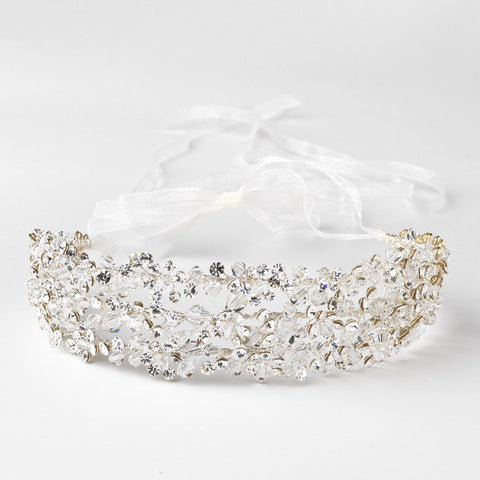 Silver Clear Swarovski Crystal Bead Vine Bridal Wedding Organza Ribbon Accent Headband 9200