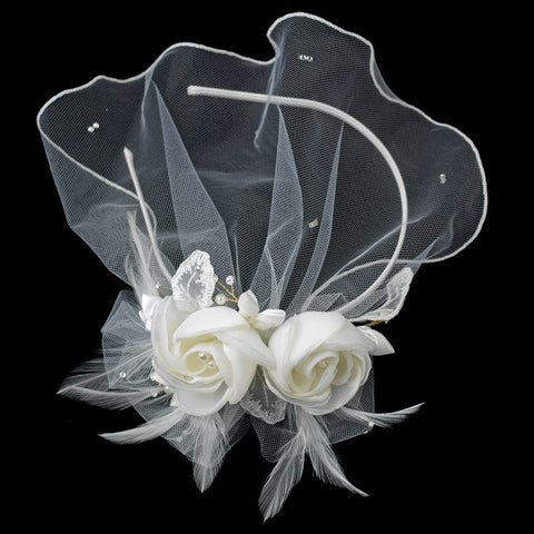 Ivory Tulle Matte Satin Feather Flower Bridal Wedding Side Headband with Pearl & Rhinestone Accents