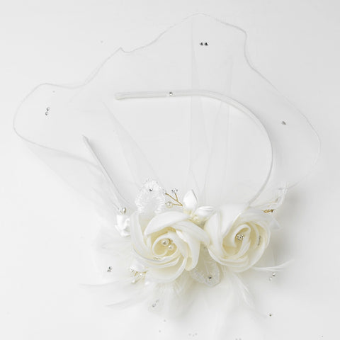 Ivory Tulle Matte Satin Feather Flower Bridal Wedding Side Headband with Pearl & Rhinestone Accents