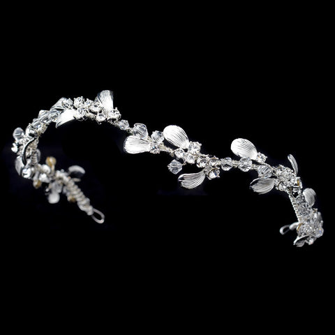 Silver Clear Floral Leaf Bridal Wedding Headband with Swarovski Crystal Beads & Rhinestones