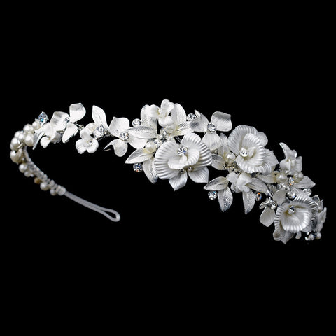 Silver Ivory Poly Resin Flower Bridal Wedding Side Headband with Rhinestone & Pearl Accents