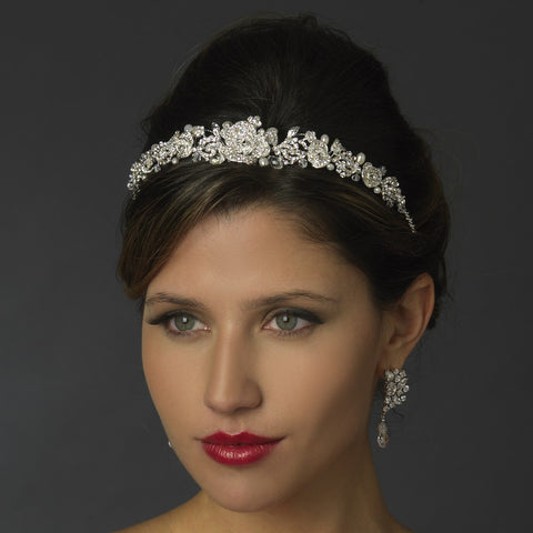 Antique Silver Clear Rhinestone & Freshwater Pearl Rose Bridal Wedding Tiara Headpiece 869