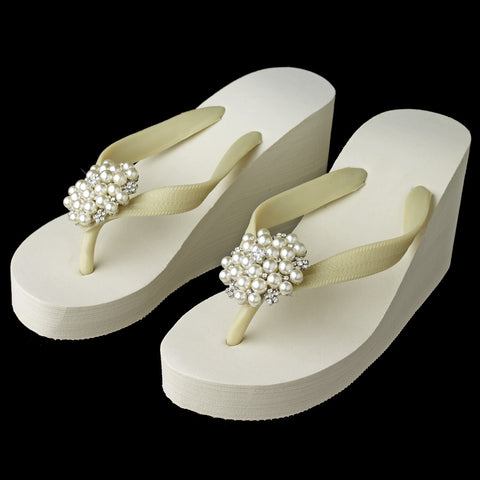 Silver Flower Cluster Rhinestone & Pearl High Wedge Bridal Wedding Flip Flops